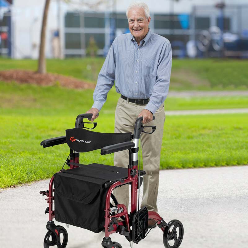 2-in-1 Rollator & Rollstuhl – Faltbare Gehhilfe mit Bremse, Rückenlehne & höhenverstellbarem Griff