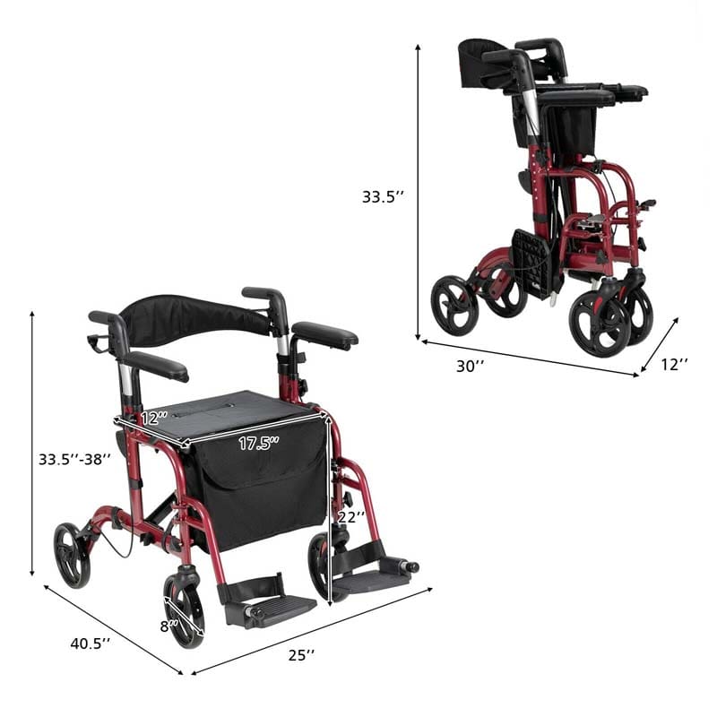 2-in-1 Rollator & Rollstuhl – Faltbare Gehhilfe mit Bremse, Rückenlehne & höhenverstellbarem Griff