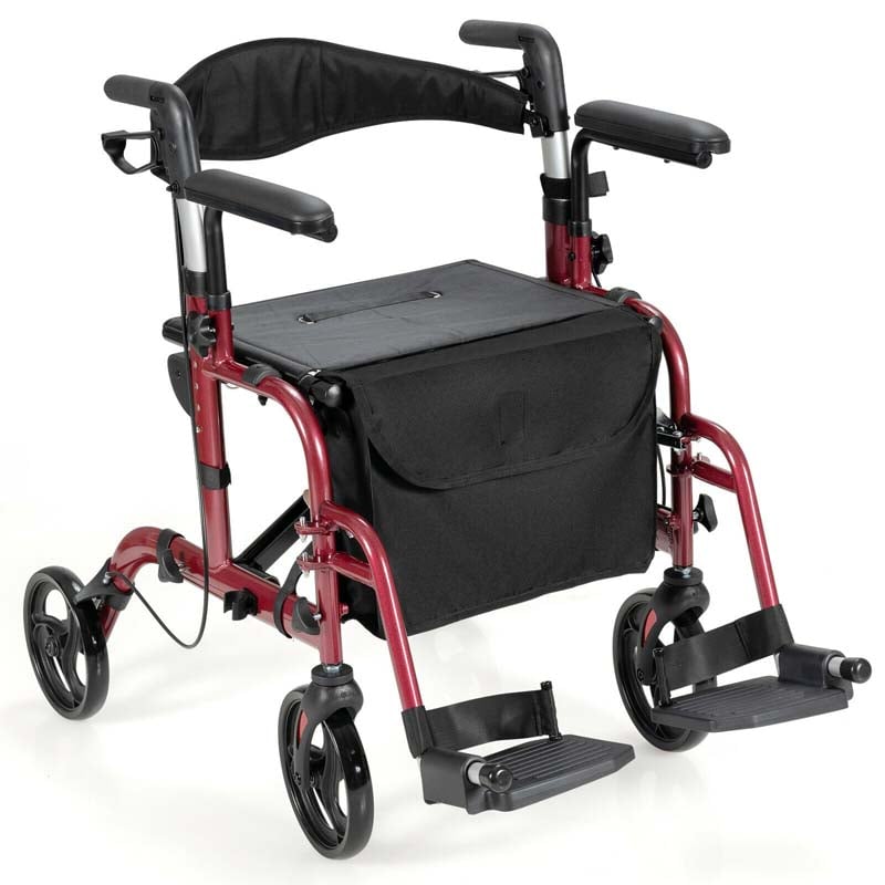2-in-1 Rollator & Rollstuhl – Faltbare Gehhilfe mit Bremse, Rückenlehne & höhenverstellbarem Griff