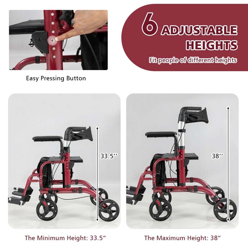 2-in-1 Rollator & Rollstuhl – Faltbare Gehhilfe mit Bremse, Rückenlehne & höhenverstellbarem Griff
