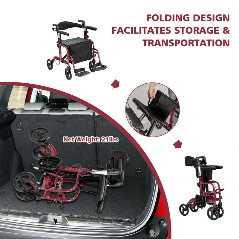 2-in-1 Rollator & Rollstuhl – Faltbare Gehhilfe mit Bremse, Rückenlehne & höhenverstellbarem Griff