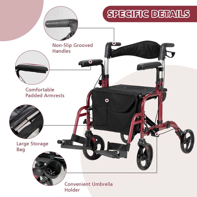 2-in-1 Rollator & Rollstuhl – Faltbare Gehhilfe mit Bremse, Rückenlehne & höhenverstellbarem Griff