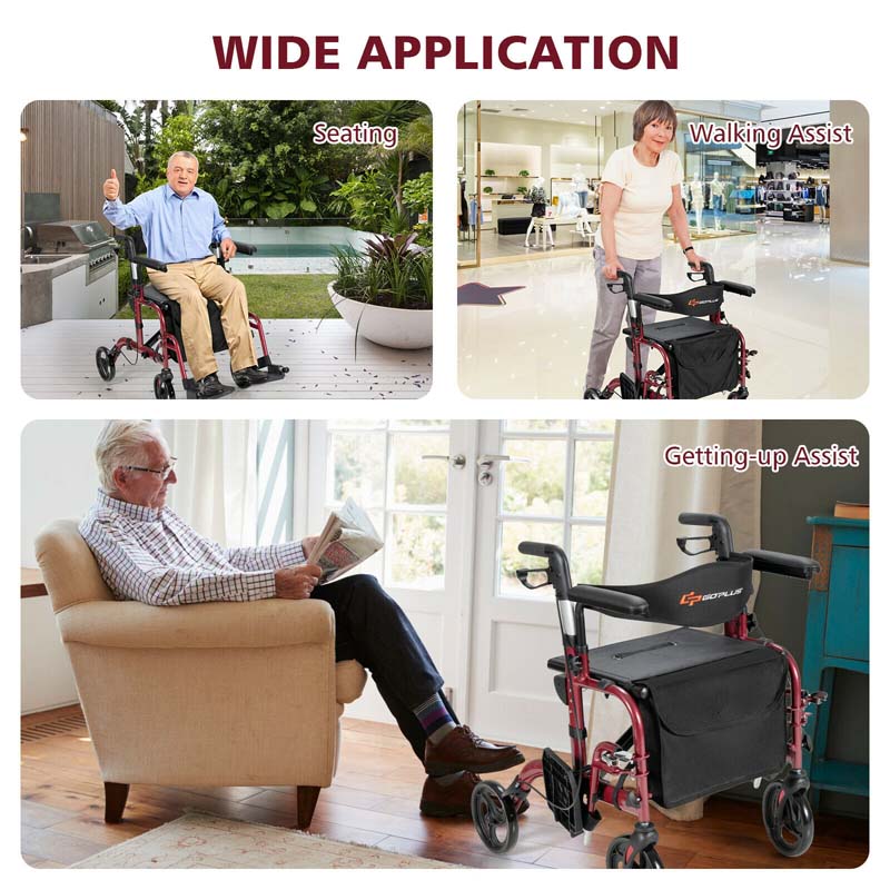 2-in-1 Rollator & Rollstuhl – Faltbare Gehhilfe mit Bremse, Rückenlehne & höhenverstellbarem Griff