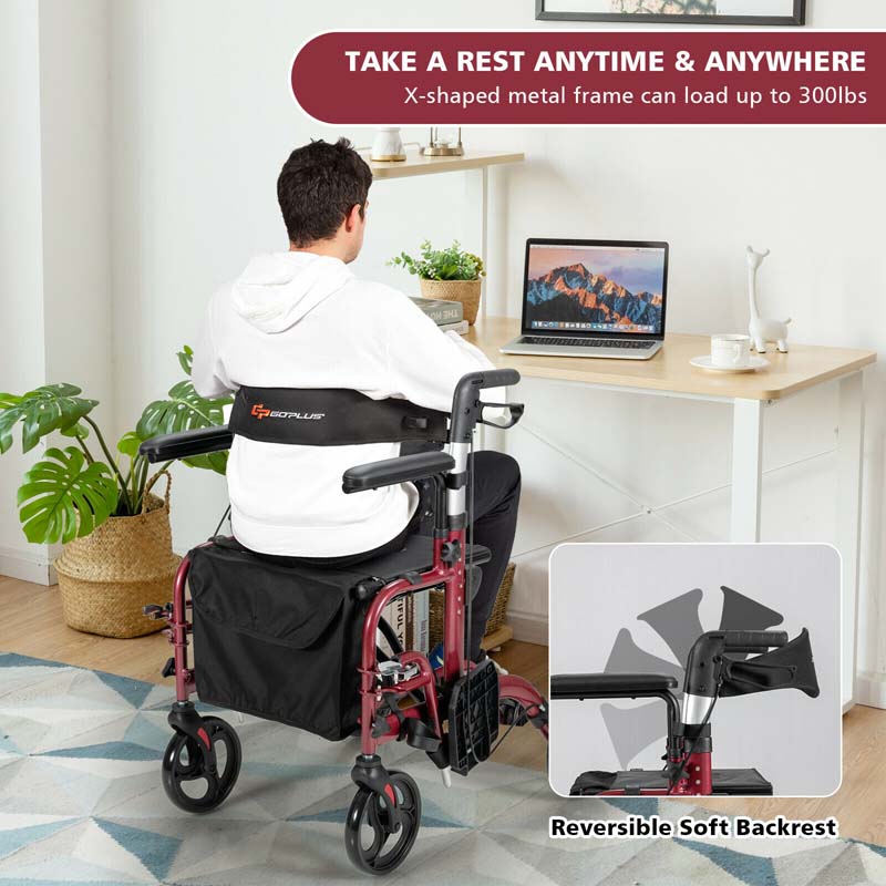 2-in-1 Rollator & Rollstuhl – Faltbare Gehhilfe mit Bremse, Rückenlehne & höhenverstellbarem Griff