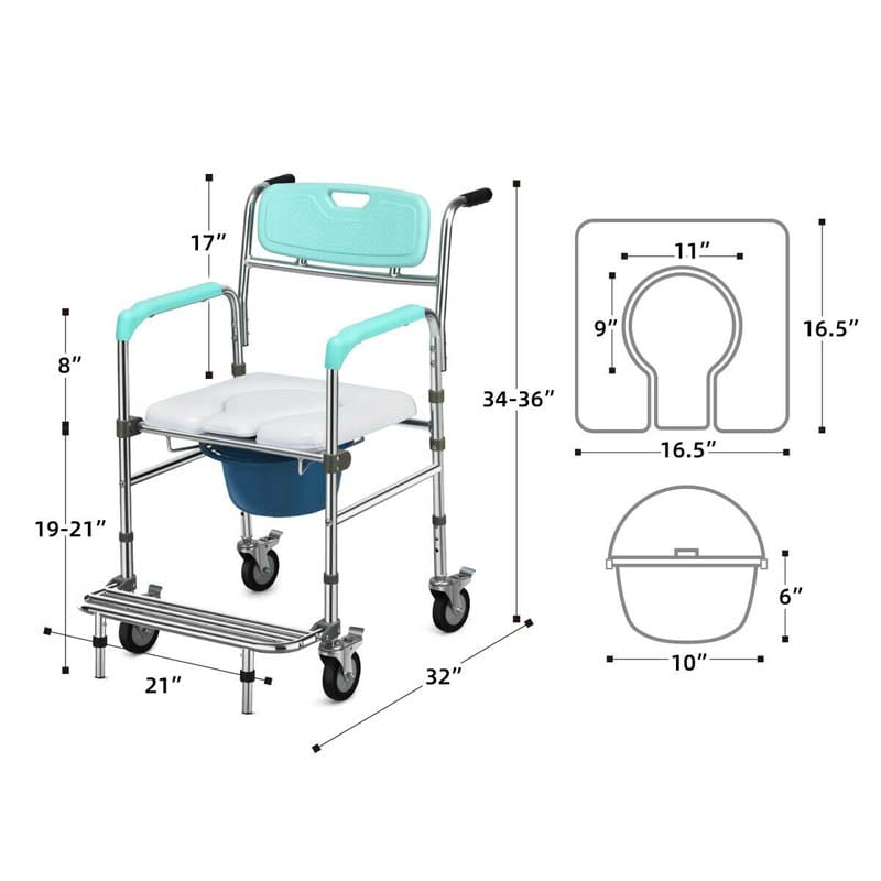 4-in-1 Toilettenstuhl mit Rollen – faltbar, mit Armlehnen
