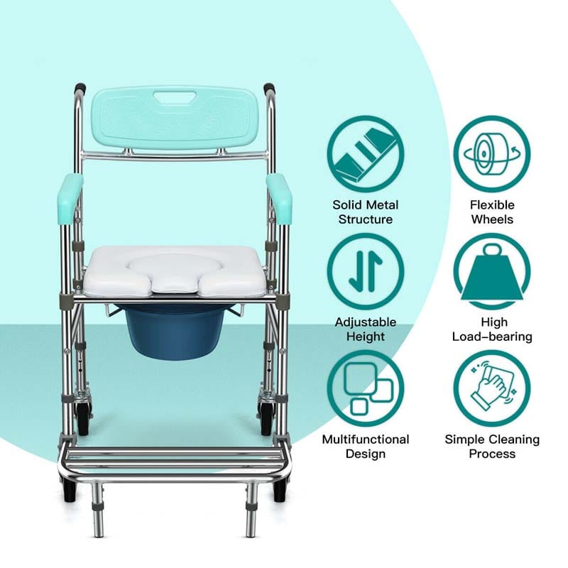 4-in-1 Toilettenstuhl mit Rollen – faltbar, mit Armlehnen