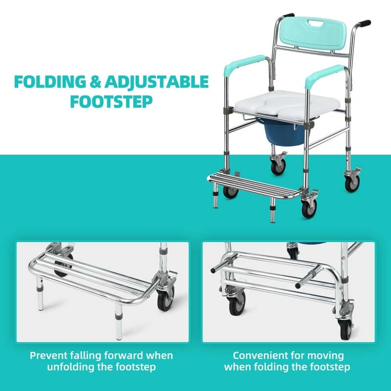 4-in-1 Toilettenstuhl mit Rollen – faltbar, mit Armlehnen
