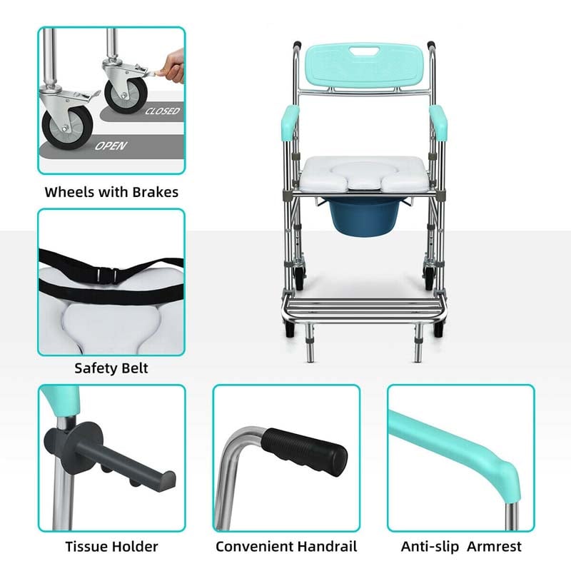 4-in-1 Toilettenstuhl mit Rollen – faltbar, mit Armlehnen