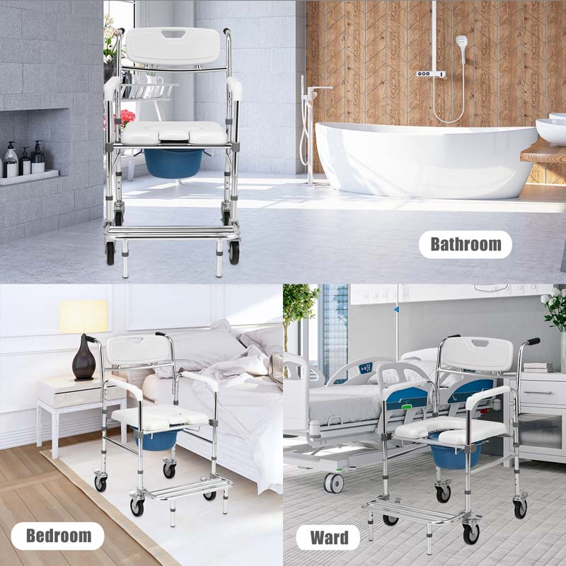 4-in-1 Toilettenstuhl mit Rollen – faltbar, mit Armlehnen