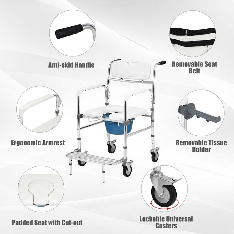 4-in-1 Toilettenstuhl mit Rollen – faltbar, mit Armlehnen