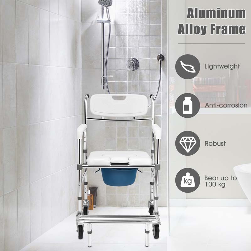 4-in-1 Toilettenstuhl mit Rollen – faltbar, mit Armlehnen