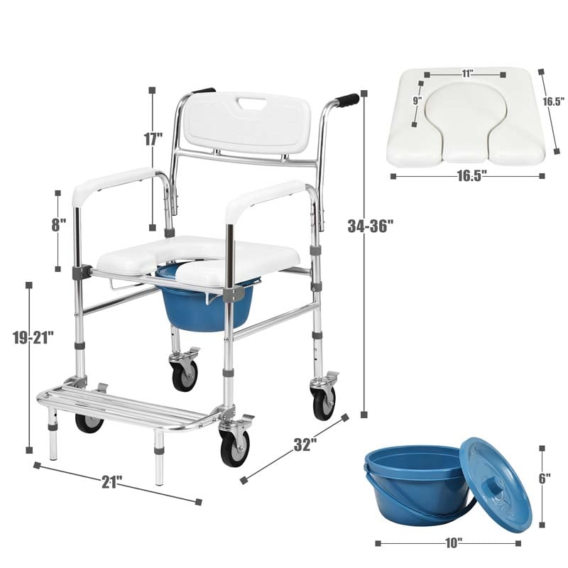 4-in-1 Toilettenstuhl mit Rollen – faltbar, mit Armlehnen