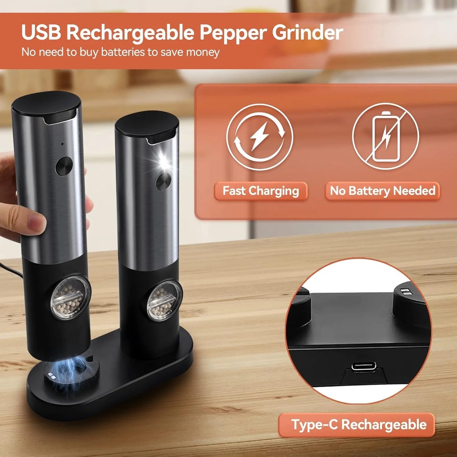 Elegant Electric Salt And Pepper Mill With Rechargeable Battery