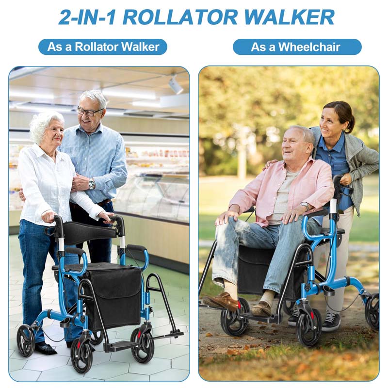 2-in-1 Rollator & Transportrollstuhl – Faltbare Gehhilfe mit Sitz, Fußstützen & 8-Zoll-Rädern für Senioren