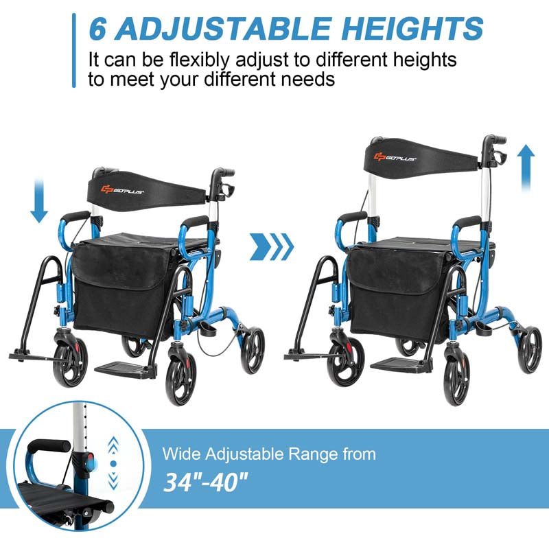 2-in-1 Rollator & Transportrollstuhl – Faltbare Gehhilfe mit Sitz, Fußstützen & 8-Zoll-Rädern für Senioren