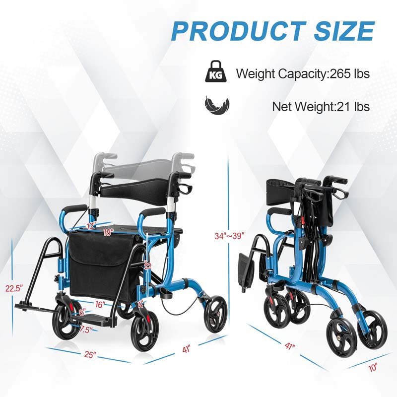 2-in-1 Rollator & Transportrollstuhl – Faltbare Gehhilfe mit Sitz, Fußstützen & 8-Zoll-Rädern für Senioren