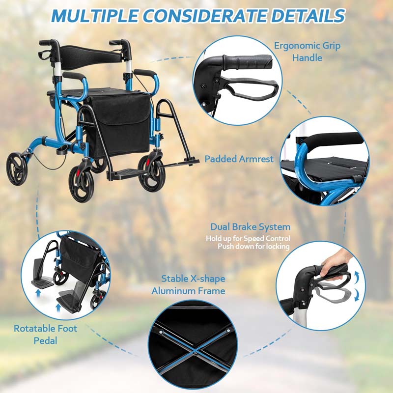 2-in-1 Rollator & Transportrollstuhl – Faltbare Gehhilfe mit Sitz, Fußstützen & 8-Zoll-Rädern für Senioren