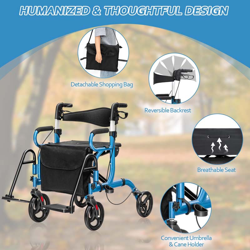2-in-1 Rollator & Transportrollstuhl – Faltbare Gehhilfe mit Sitz, Fußstützen & 8-Zoll-Rädern für Senioren