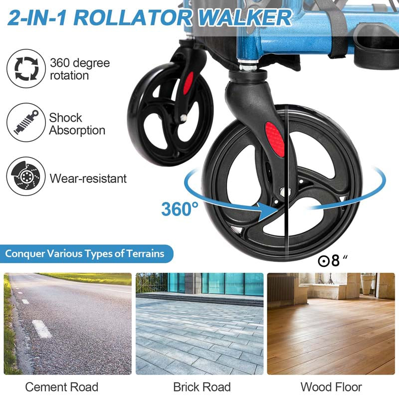 2-in-1 Rollator & Transportrollstuhl – Faltbare Gehhilfe mit Sitz, Fußstützen & 8-Zoll-Rädern für Senioren
