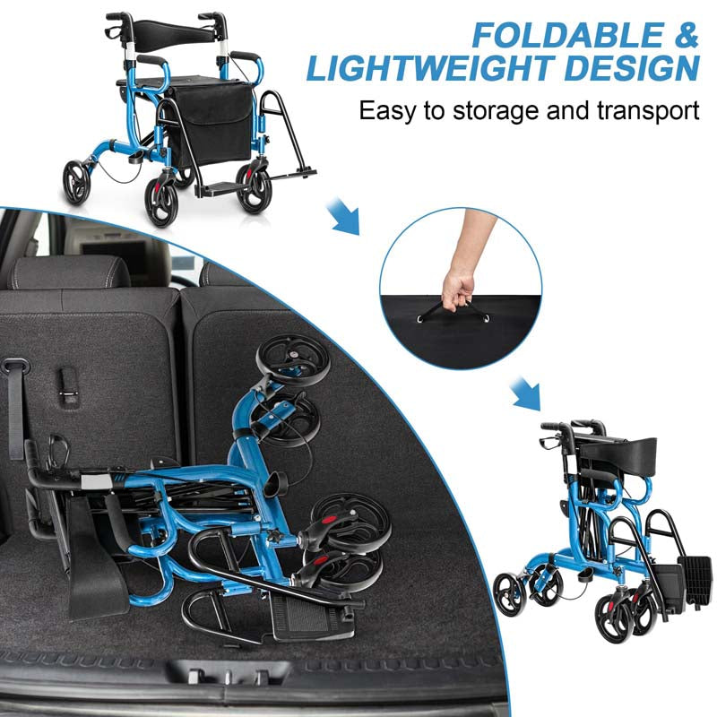 2-in-1 Rollator & Transportrollstuhl – Faltbare Gehhilfe mit Sitz, Fußstützen & 8-Zoll-Rädern für Senioren
