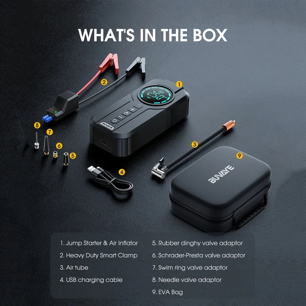 4-in-1 Car Jump Starter with Air Compressor - Emergency Battery Booster, USB Power Bank & LED Light - Essential Car Kit