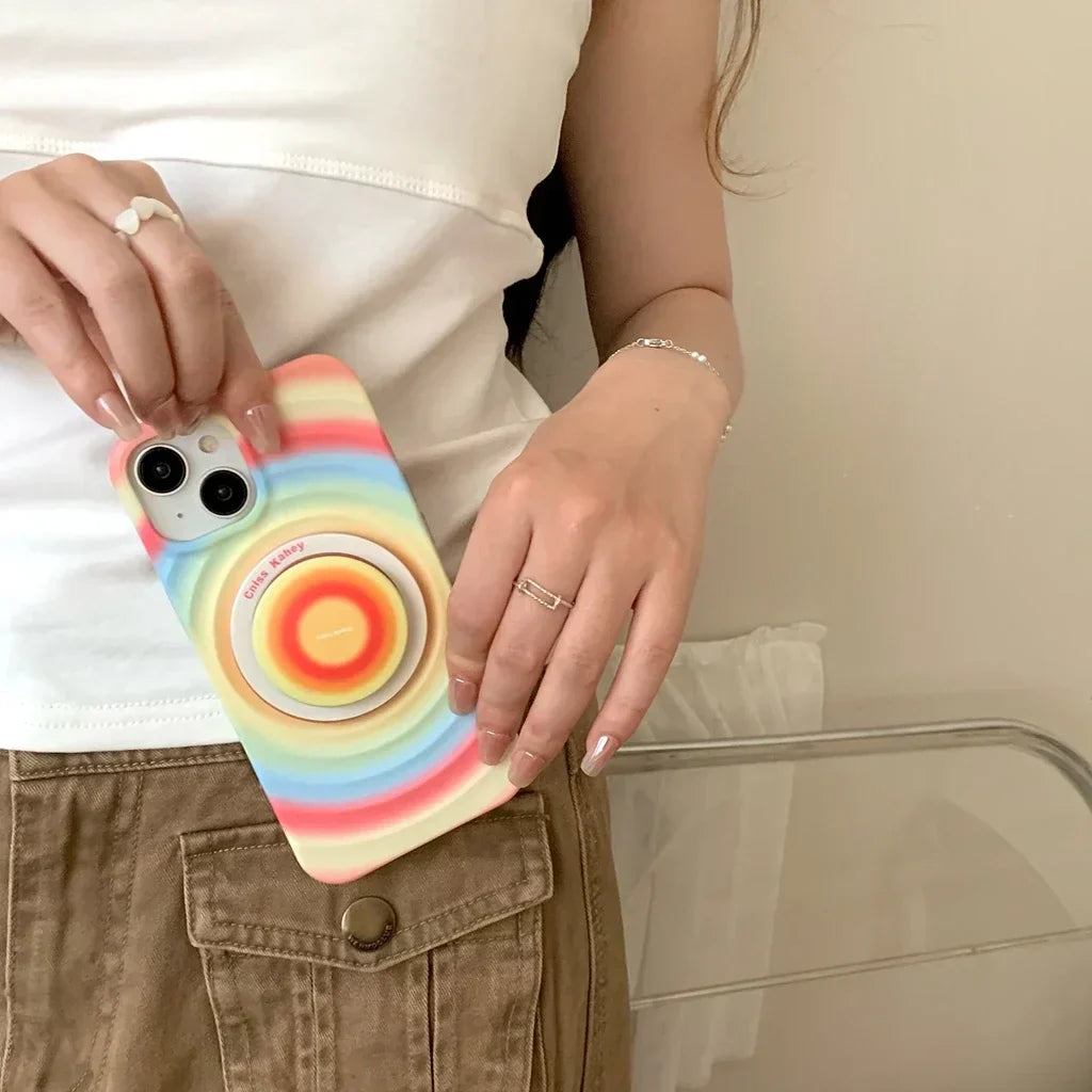 2in1 Regenbogen Kreis Welle Muster Matt Mit Halter Magnetische Drahtlose Lade Handyhülle