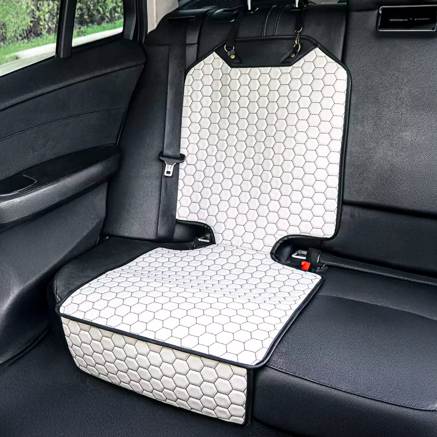Car Seat Protector Mat | White Hexagonal Design for Parents, Ride-Share Drivers & Luggage Transport