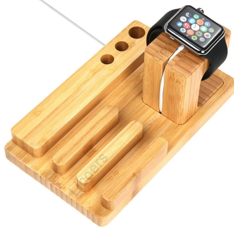 3-in-1 Bambus-Holz Ladestation: Premium Ladegerät-Ständer für iPhone, Apple Watch & iPad, Handy-Halter | AirPods & iOS-Geräte Wireless Charging Dockingstation