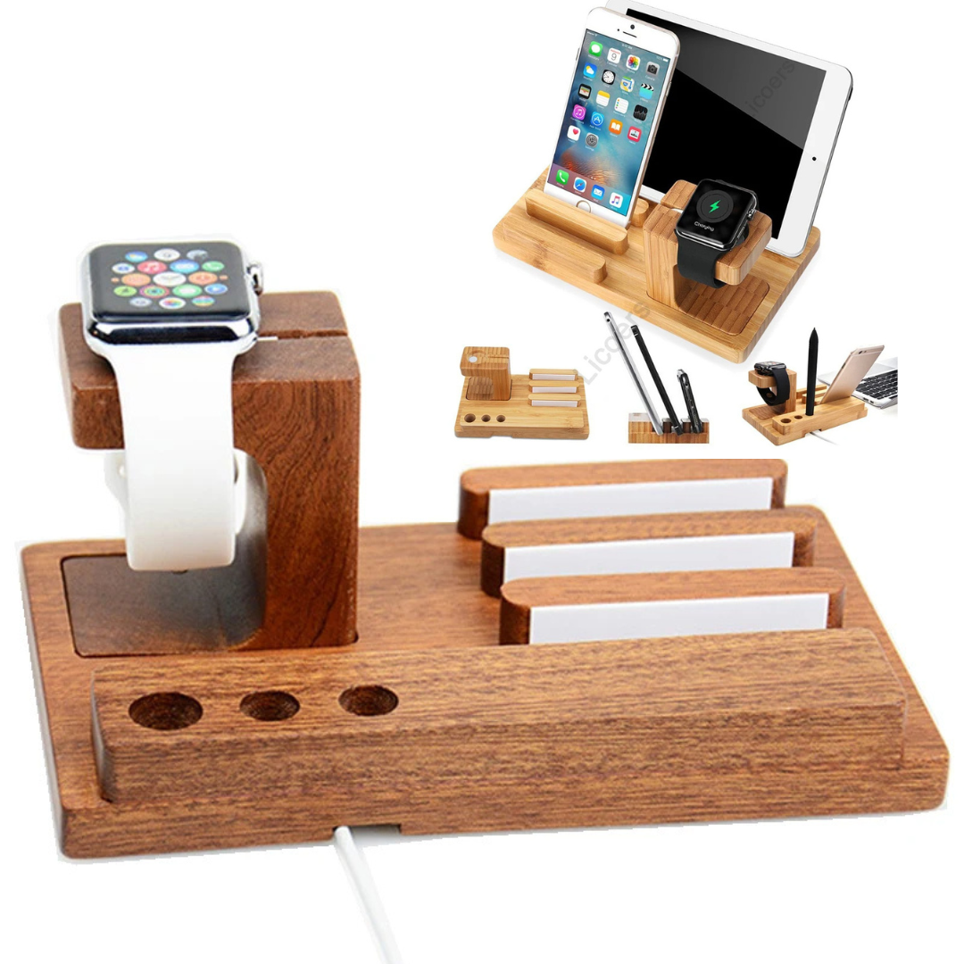 3-in-1 Bambus-Holz Ladestation: Premium Ladegerät-Ständer für iPhone, Apple Watch & iPad, Handy-Halter | AirPods & iOS-Geräte Wireless Charging Dockingstation