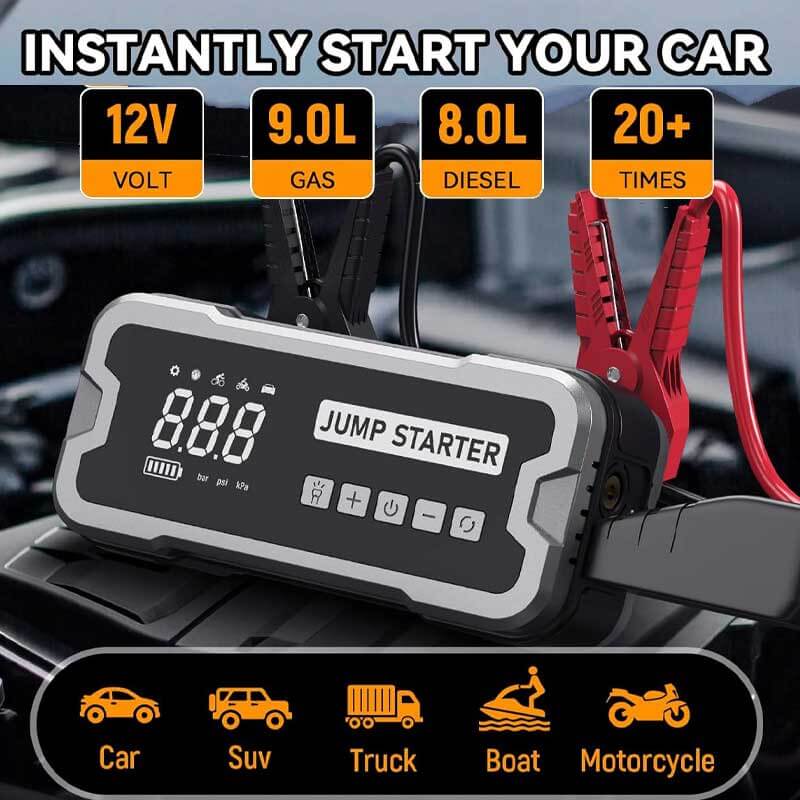 Portable 4-in-1 Jump Starter with Air Pump, Battery Booster, and USB Charger for Cars, Trucks, and Emergency Use