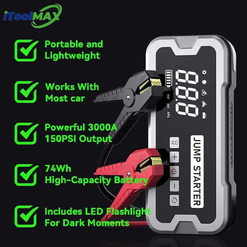 Portable 4-in-1 Jump Starter with Air Pump, Battery Booster, and USB Charger for Cars, Trucks, and Emergency Use
