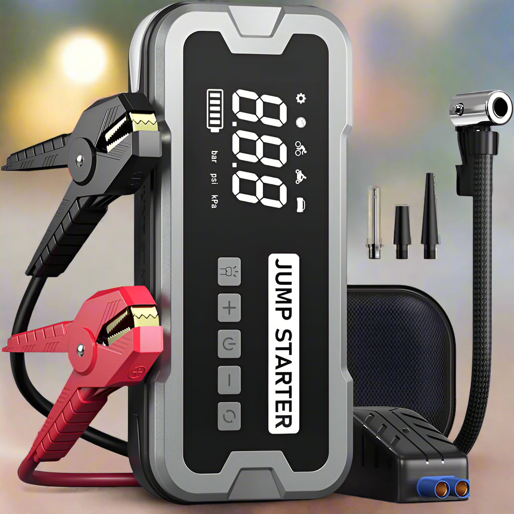 Portable 4-in-1 Jump Starter with Air Pump, Battery Booster, and USB Charger for Cars, Trucks, and Emergency Use