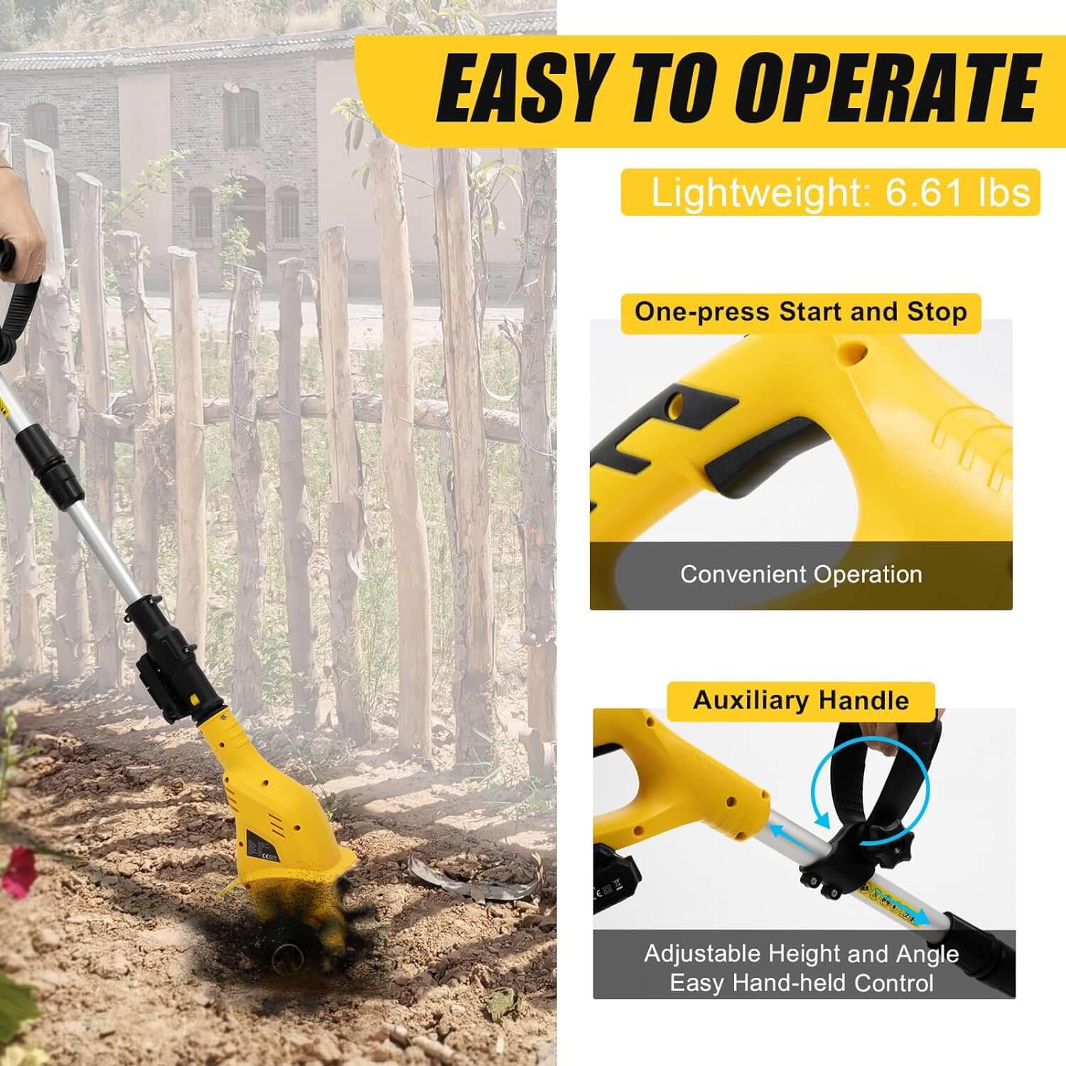 Electric Cordless Tiller Cultivator for Gardening and Soil Preparation - Lightweight, Battery-Powered Tool for Easy Weeding and Aeration
