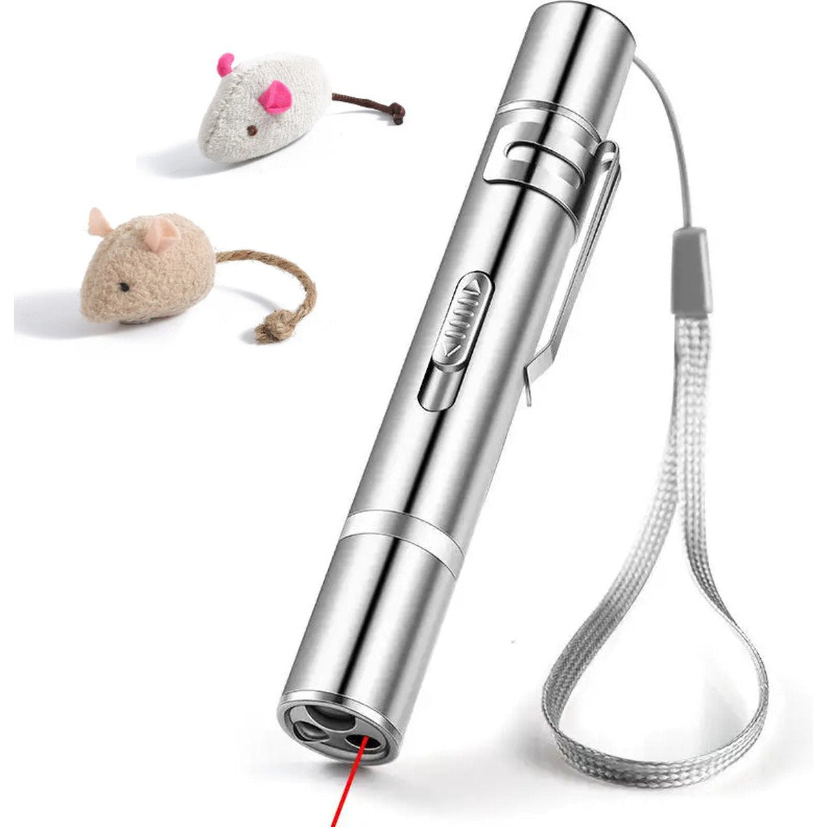3 in 1 – LED-Laser-Katzenspielzeug – interaktives LED-Lichtspielzeug für Haustiere – wiederaufladbar über USB – inklusive zwei Mausspielzeugen – Laserstift für Hunde und Katzen – mit Taschenlampe und UV-Lichtfunktion – Silber