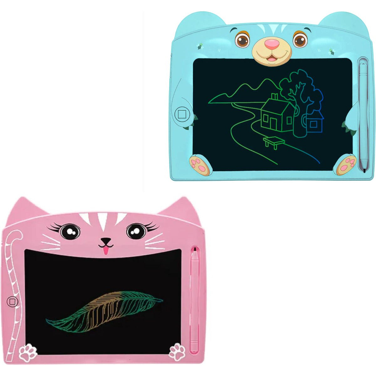 2 Stück – Bunte LCD-Schreibtafeln – 2 Designs – Lern-Zeichentablett mit Farbbildschirm – inklusive passender Stifte – mit Farbbildschirm – Kritzel- und Skizzenblock-Spielzeug – leicht und tragbar – 8-Zoll-Bildschirm – Rosa/Blau