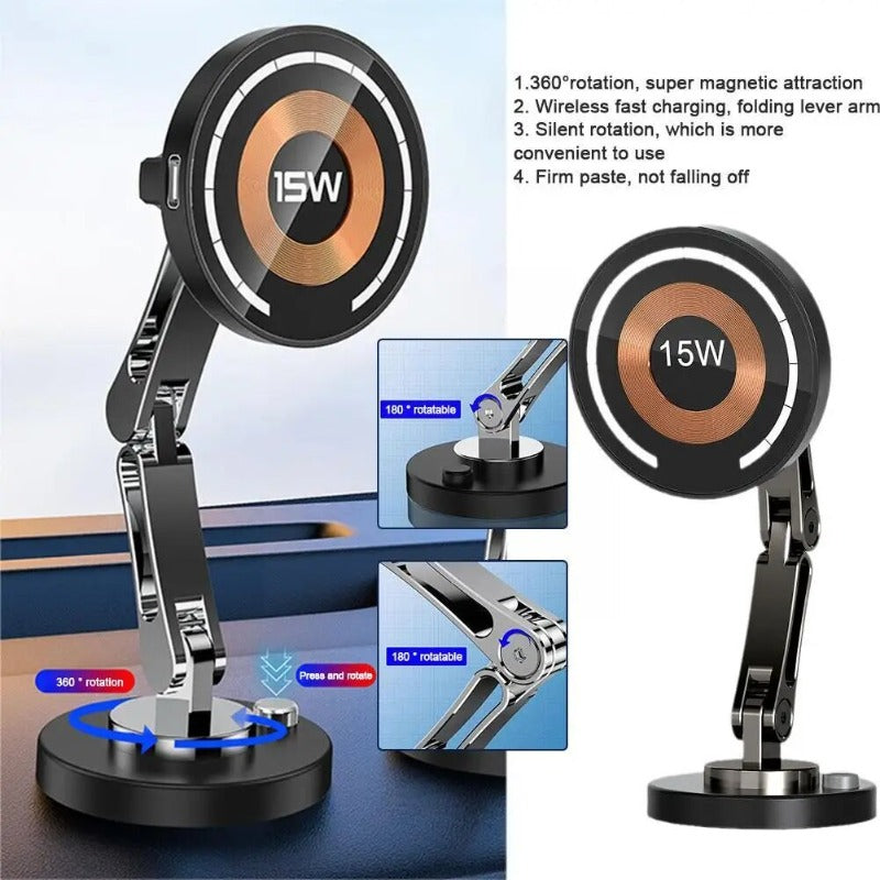 15W magnetisches kabelloses Autoladegerät 360 Rotation 2in1 Aluminiumlegierung faltbarer Ständer