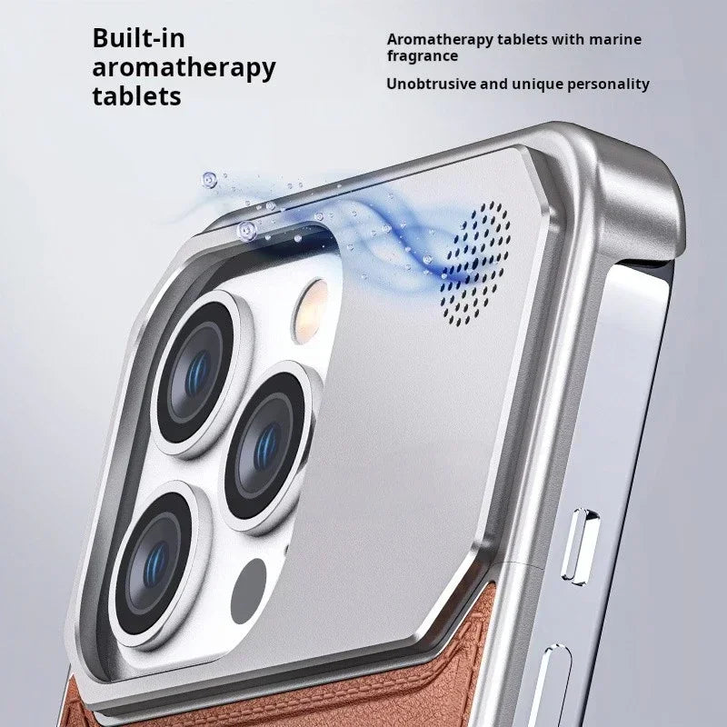 2in1 Aluminiumlegierung Aromatherapie Magnetische Parfümkühlung Leder Handyhülle für iPhone