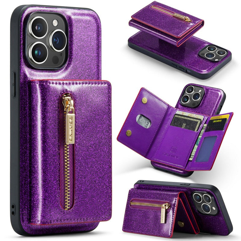2 in 1 Glitzer Glänzend Bling Sparkle PU Leder Brieftasche Handyhülle Abnehmbarer Kartenhalter mit Ständer für iPhone