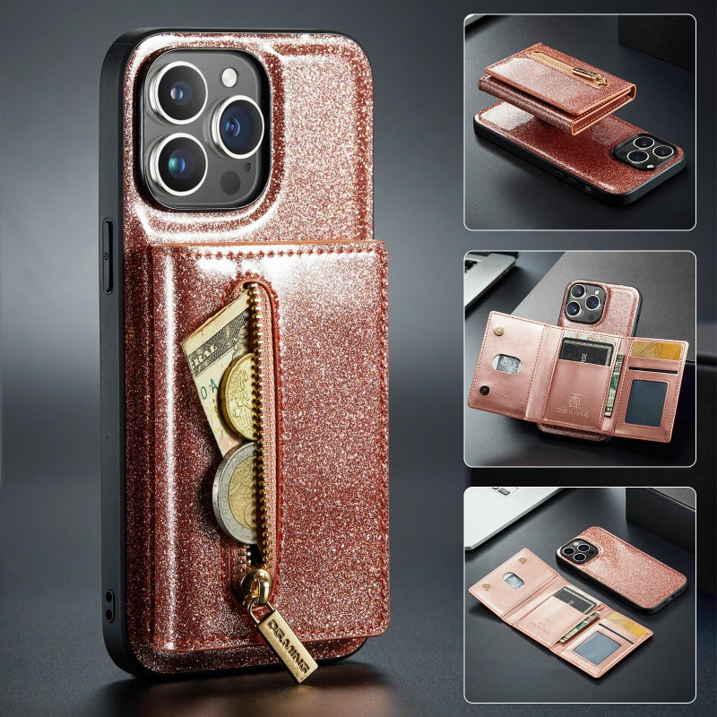 2 in 1 Glitzer Glänzend Bling Sparkle PU Leder Brieftasche Handyhülle Abnehmbarer Kartenhalter mit Ständer für iPhone