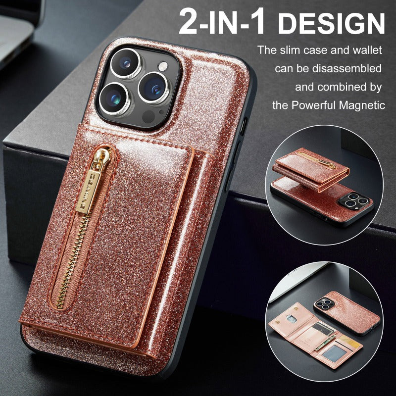 2 in 1 Glitzer Glänzend Bling Sparkle PU Leder Brieftasche Handyhülle Abnehmbarer Kartenhalter mit Ständer für iPhone