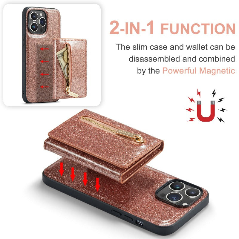 2 in 1 Glitzer Glänzend Bling Sparkle PU Leder Brieftasche Handyhülle Abnehmbarer Kartenhalter mit Ständer für iPhone