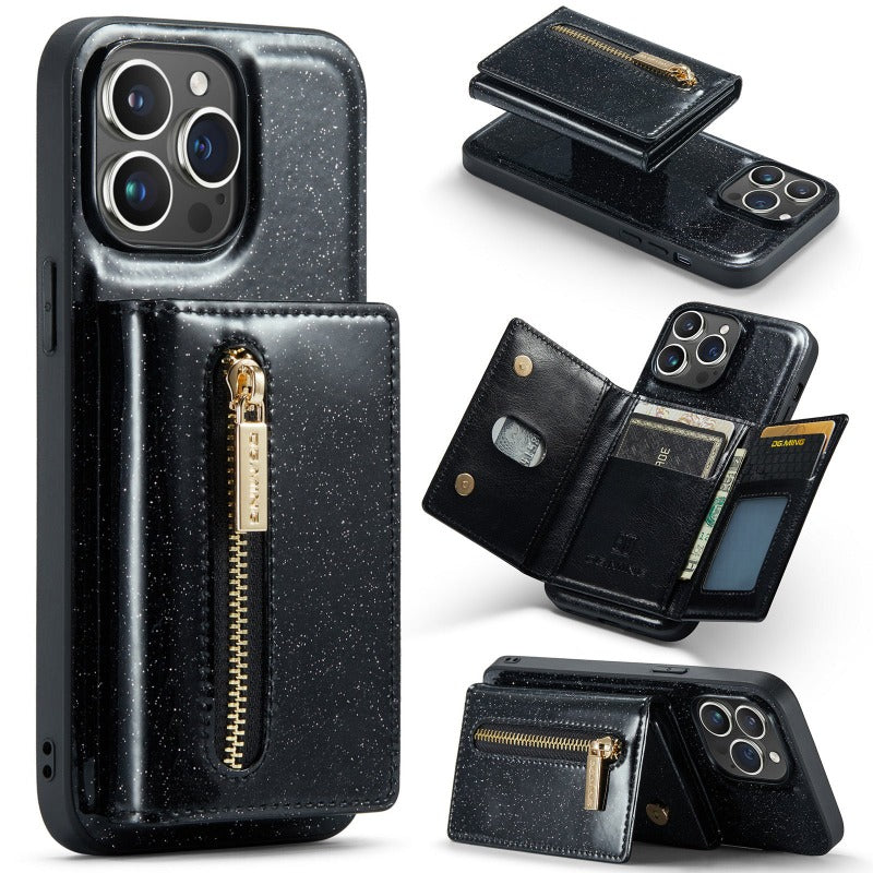 2 in 1 Glitzer Glänzend Bling Sparkle PU Leder Brieftasche Handyhülle Abnehmbarer Kartenhalter mit Ständer für iPhone