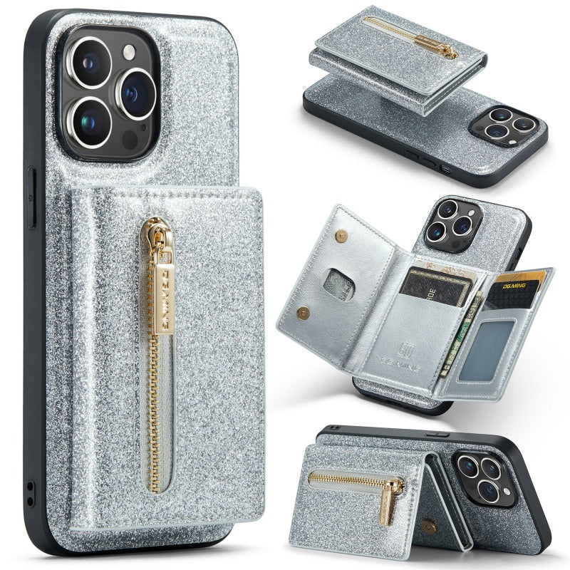 2 in 1 Glitzer Glänzend Bling Sparkle PU Leder Brieftasche Handyhülle Abnehmbarer Kartenhalter mit Ständer für iPhone