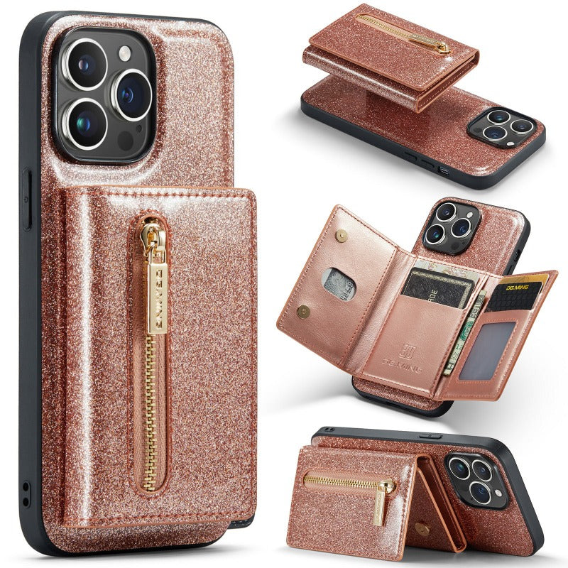 2 in 1 Glitzer Glänzend Bling Sparkle PU Leder Brieftasche Handyhülle Abnehmbarer Kartenhalter mit Ständer für iPhone