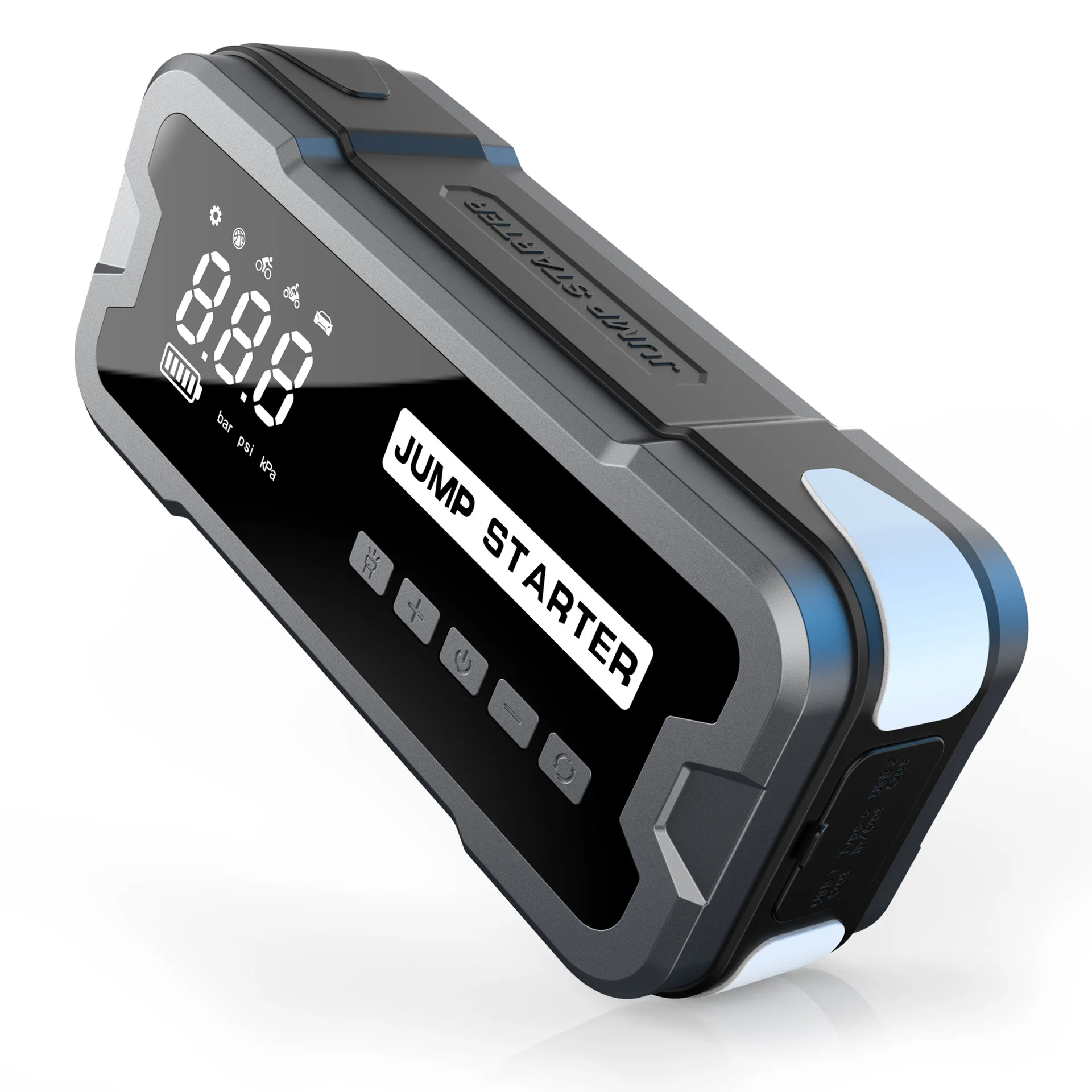 Portable 4-in-1 Jump Starter with Air Pump, Battery Booster, and USB Charger for Cars, Trucks, and Emergency Use