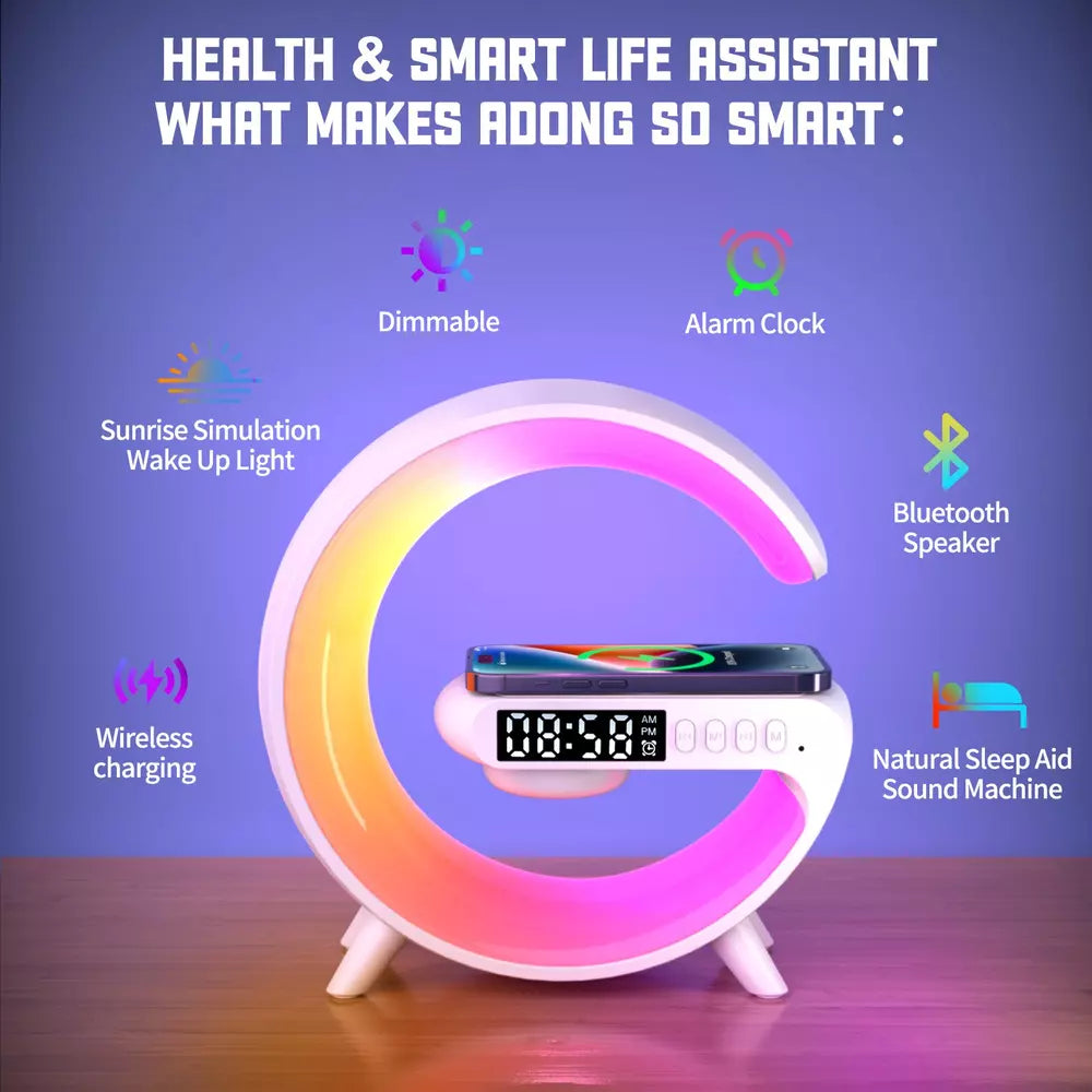 Smart Light Sound Machine | Multifunctional Wireless Charger, Bluetooth Speaker & Alarm Clock for Home Office & Relaxation