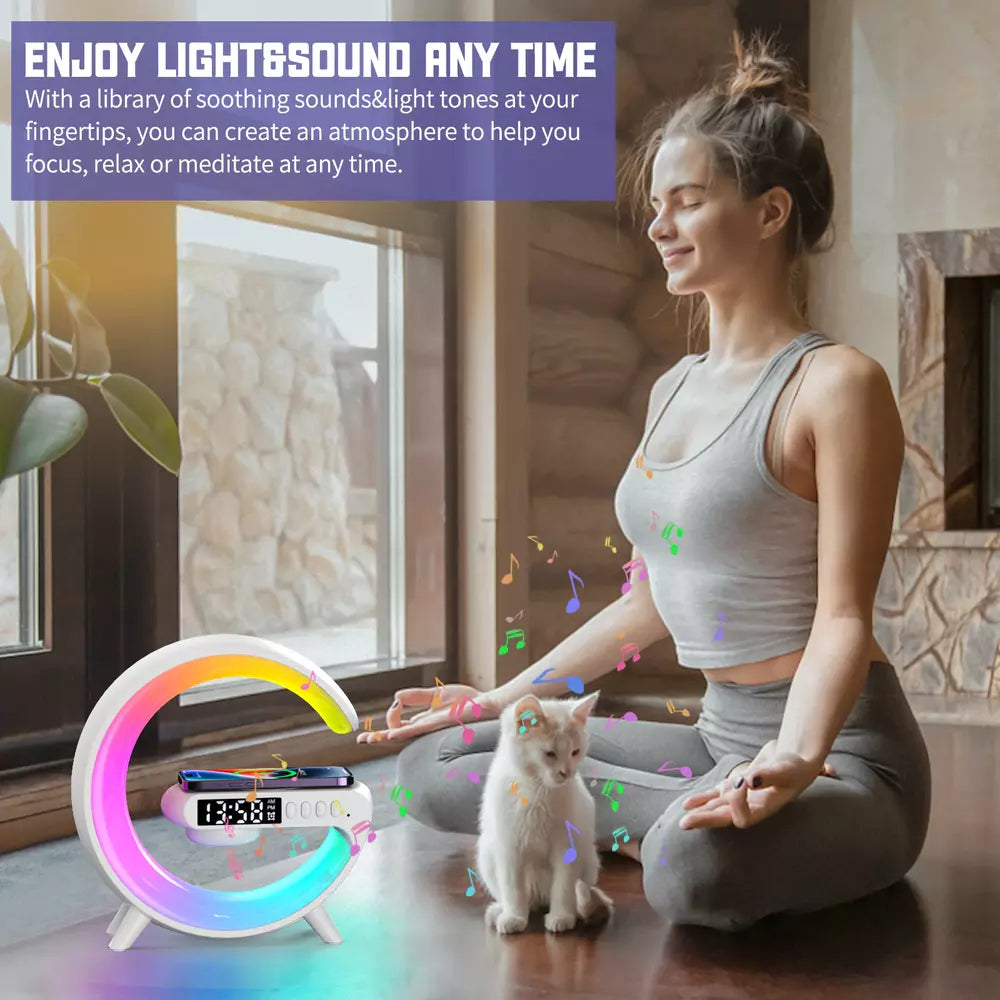 Smart Light Sound Machine | Multifunctional Wireless Charger, Bluetooth Speaker & Alarm Clock for Home Office & Relaxation