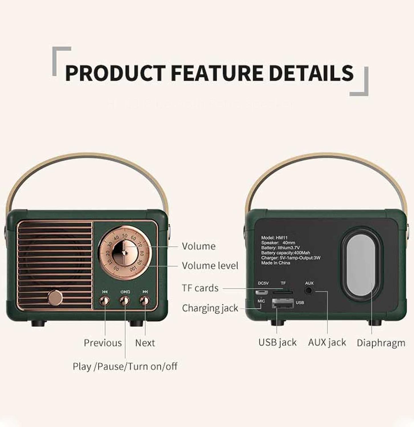 Vintage Bluetooth Speaker with High-Quality Sound and Portable Design for Home, Outdoor, and Travel Use