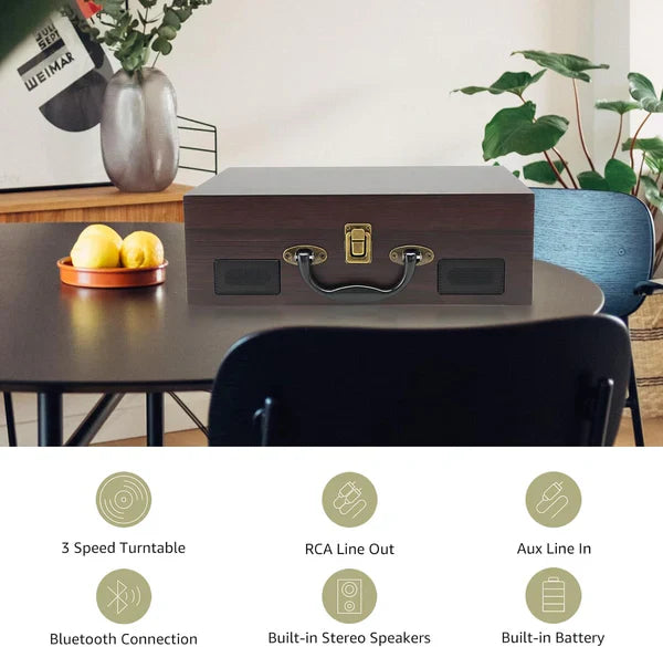 Vintage Suitcase-Style Vinyl Turntable Record Player