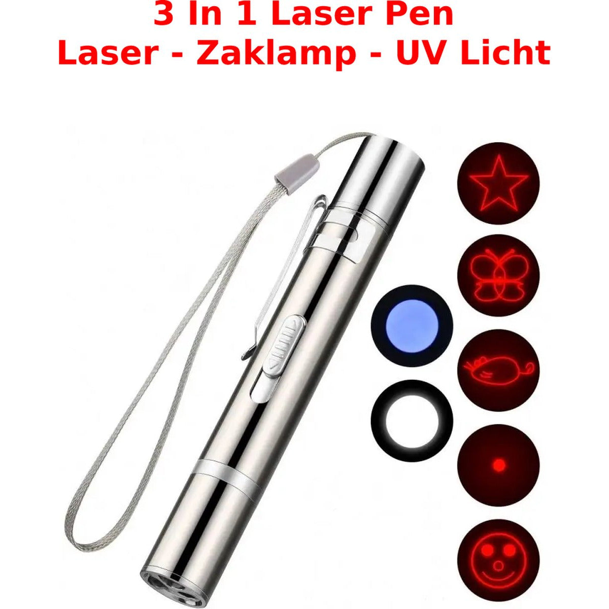 3 in 1 – LED-Laser-Katzenspielzeug – interaktives LED-Lichtspielzeug für Haustiere – wiederaufladbar über USB – inklusive zwei Mausspielzeugen – Laserstift für Hunde und Katzen – mit Taschenlampe und UV-Lichtfunktion – Silber